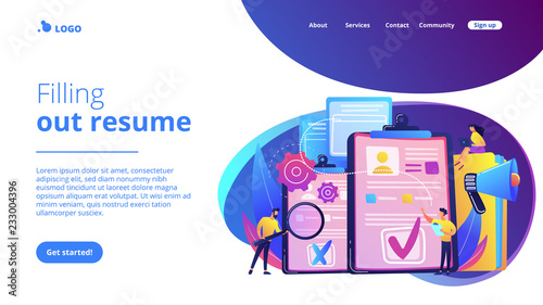 Company hr managers hiring a new employee using resume, magnifier and megaphone. Hiring employee, filling out resume, hiring process concept. Website vibrant violet landing web page template.