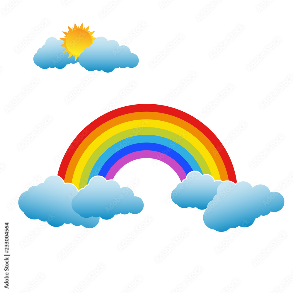 Rainbow with Sun and Clouds on white background