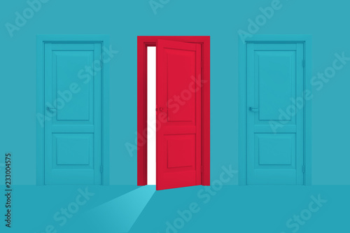 3d rendering of red semi-opened door stands between two closed blue ones on a blue background.