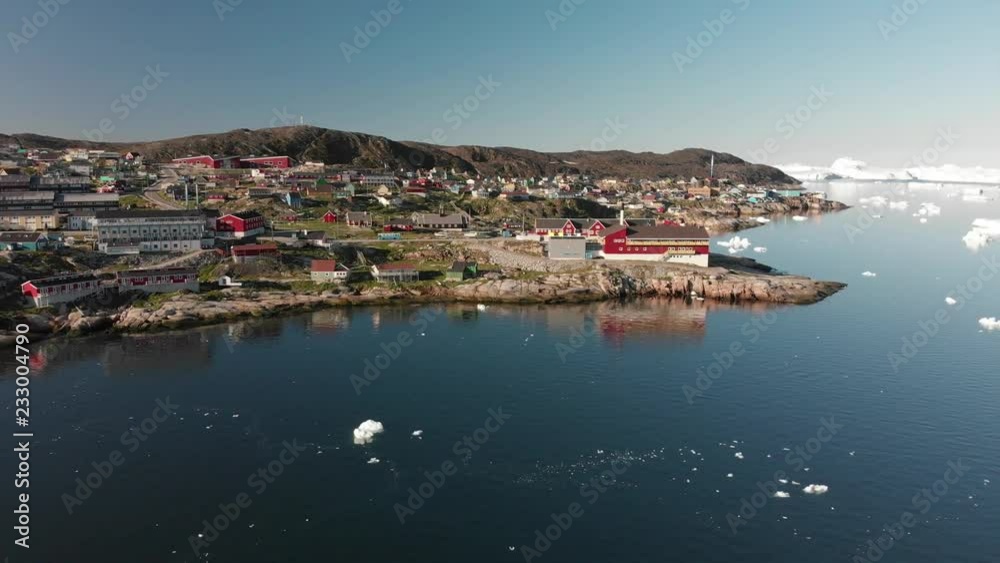 4k Greenland Aerial view of Ilulissat city along edge 4k Greenland Aerial view of Ilulissat city along edge