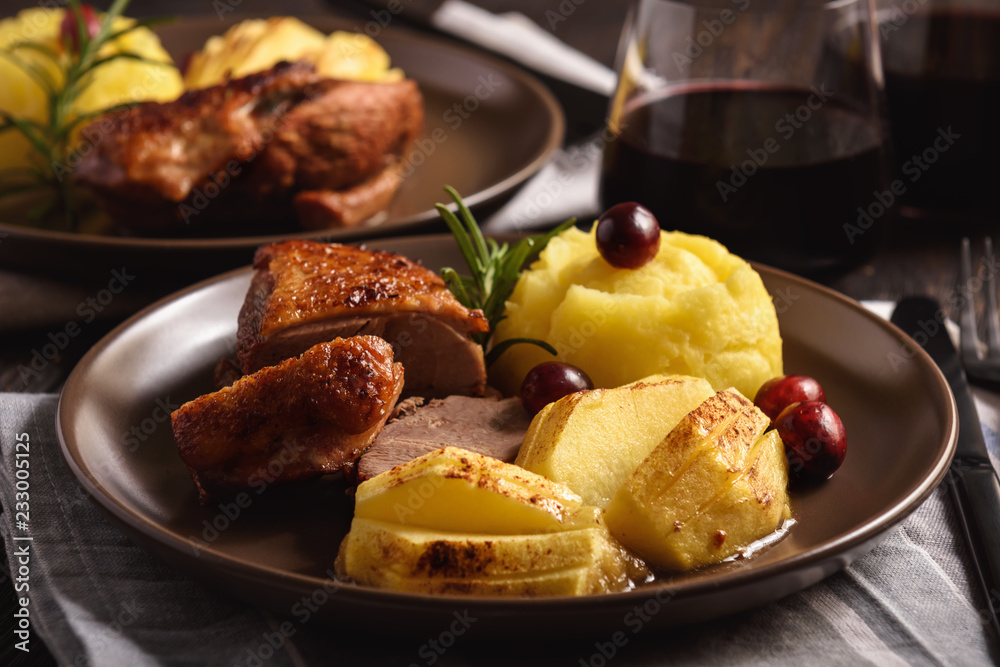 Roasted duck breast with apples and cranberries. Roasted duck breast with apples and cranberries.
