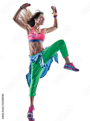 one caucasian woman cardio dancers dancing fitness exercising excercises in studio isolated on white background