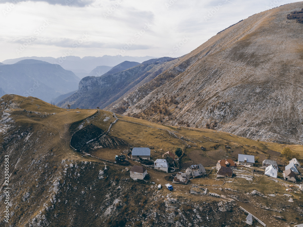 Obraz premium Lukomir remote village in rural Bosnia, aerial drone view