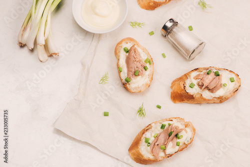 Italian cuisine. Bruschetta with tuna, onion, and mayonnaise.