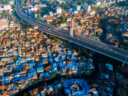 Aerial View of Pasupati Suspension Bridge, the longest flyover and one of the icon of Bandung City. West Java, Indonesia, asia photo