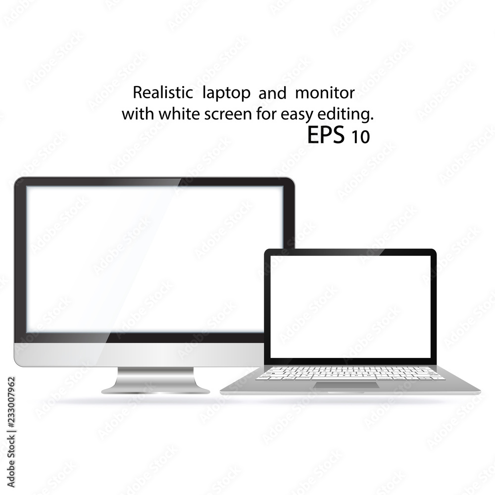 Mockup set of realistic monitor, laptop. Realistic monitor and white screen laptop for easy editing Mockup set of realistic monitor, laptop. Realistic monitor and white screen laptop for easy editing