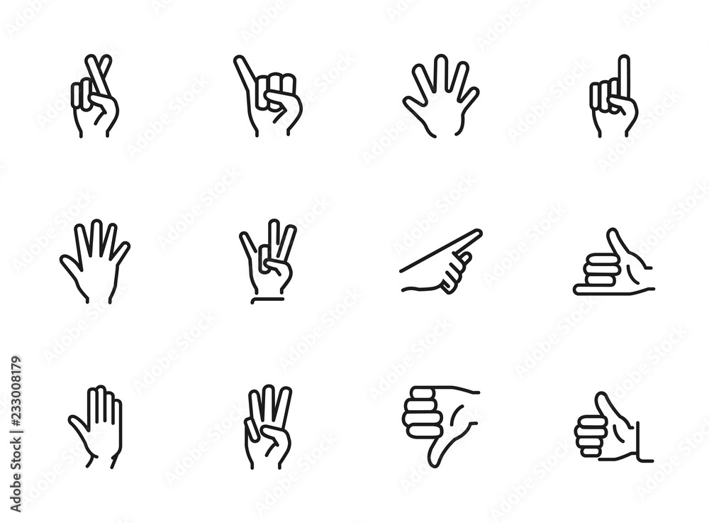 Hand Forward Pictogram Gesture icon. Set of line icons on white background. Thumb up, open ...
