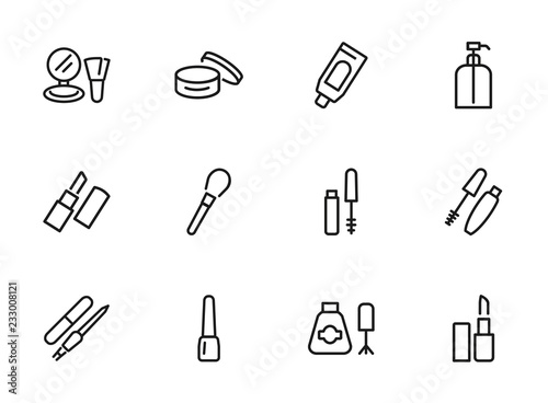 Cosmetics icon. Set of line icons on white background. Lipstick, powder, mascara. Makeup concept. Vector illustration can be used for topics like beauty product, beauty salon, service