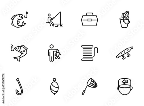 Fishing icon. Set of line icons on white background. Fish, catch, angling, harpoon. Fisherman concept. Vector illustration can be used for topics like leisure, recreation, hobby