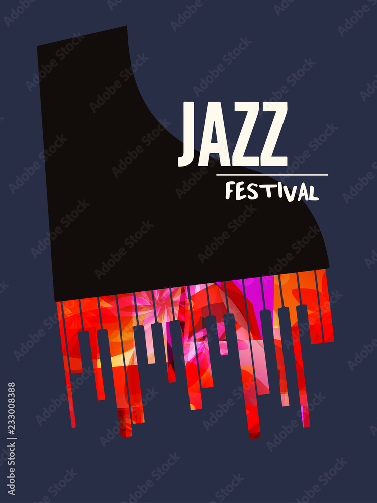Obraz premium Jazz music festival poster with piano flat vector illustration. Music background with music instrument, music festival poster, live concert events, party flyer, brochure, promotion banner
