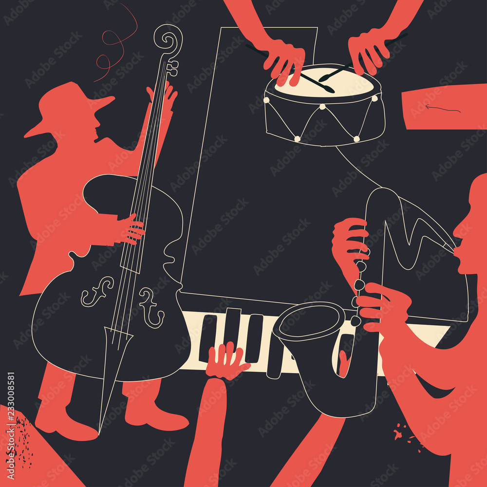 Plakat Tło muzyczne z ilustracji wektorowych płaskie instrumenty muzyczne. Plakat artystyczny festiwalu muzyki jazzowej, koncerty na żywo, ulotka z saksofonem, wiolonczelą, fortepianem i talerzami