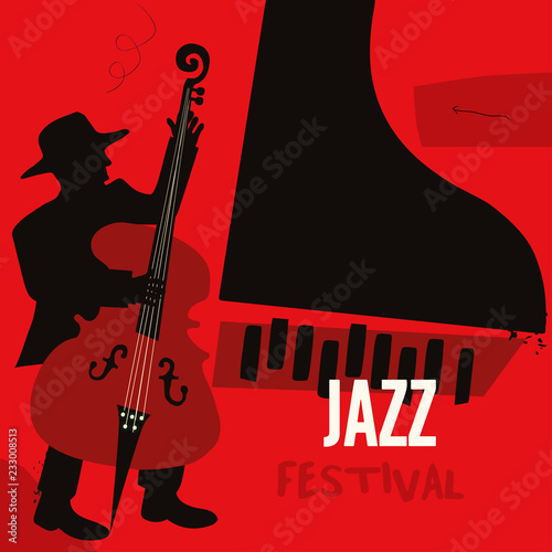 Jazz music festival poster with piano and contrabass flat vector illustration. Music background with music instruments, music festival poster, live concert events, party flyer
