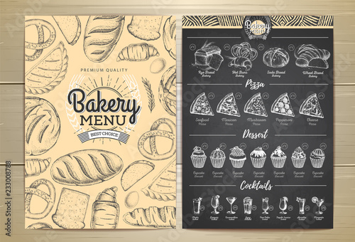 Vintage chalk drawing bakery menu design. Restaurant menu