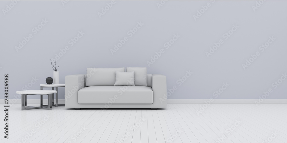 View of empty room space with sofa and side table on laminate floor.Perspective of minimal design architecture. 3d rendering. View of empty room space with sofa and side table on laminate floor.Perspective of minimal design architecture. 3d rendering.