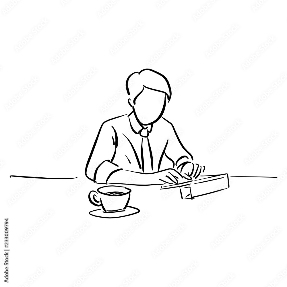 businessman working with tablet on his desk vector illustration sketch doodle hand drawn with black lines isolated on white background businessman working with tablet on his desk vector illustration sketch doodle hand drawn with black lines isolated on white background