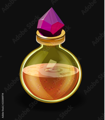 Vector bright golden isolated elixir, pharmacy bubbles. Apothecary icons on black background. Witchcraft inventory for farm game. Gfme design elements.	