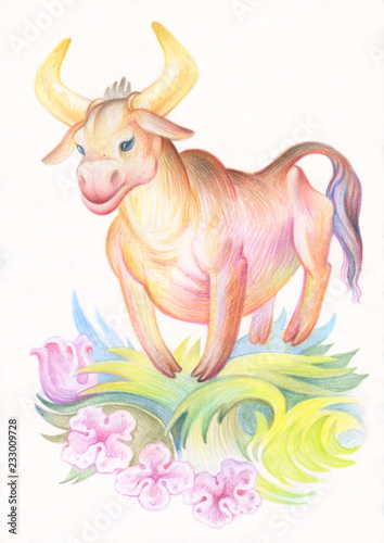 Pencil drawing. Illustration for children. Image of animals with colored pencils. Huge stately bull grazing in a flower meadow.
