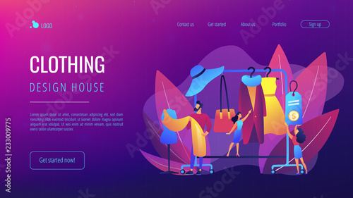 Main master designer creating fashion clothes designs and hanging it on coat rack. Fashion house, clothing design house, fashion production concept. Website vibrant violet landing web page template.