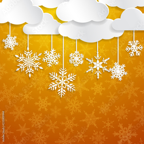 Christmas illustration with white clouds and snowflakes hanging on yellow background