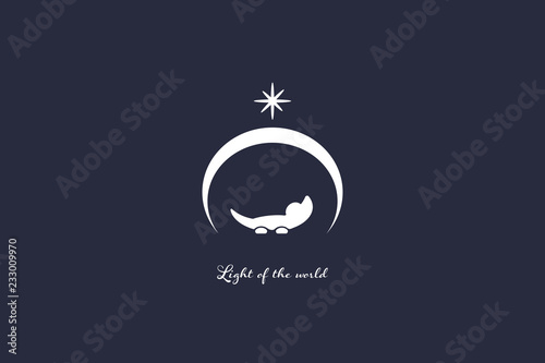 Christmas time. Manger with baby Jesus and star of Bethlehem. Text : Light of the world.
