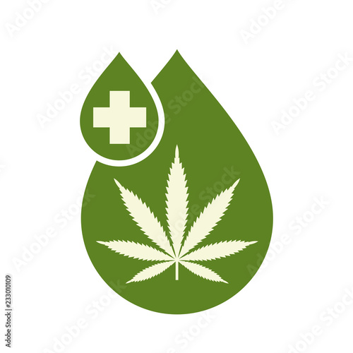 Medical Cannabis oil icon design with Marijuana leaf and hemp oil drop. CBD oil cannabis extract. Icon product label and logo graphic template. Isolated vector illustration on white background.