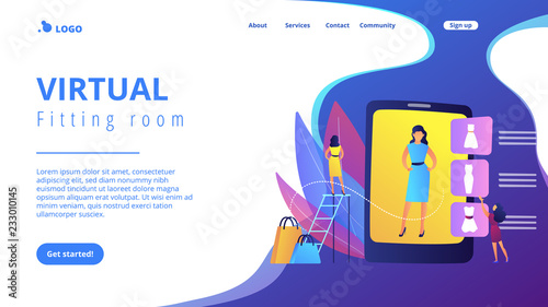 Shopper trying on clothes size and style in virual fitting room on tablet. Virtual fitting room, online dressing, e-commerce clothing room concept. Website vibrant violet landing web page template.