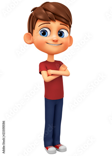 Character cheerful boy in a red T-shirt. 3d rendering. Illustration for advertising.