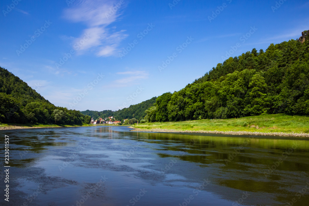 Beautiful view on sandstone mountains from river Elbe in Saxony, Germany