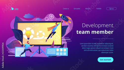 Development team member and scrum master working on Agile project for product ownerand stakeholders. Agile project management concept. Website vibrant violet landing web page template.