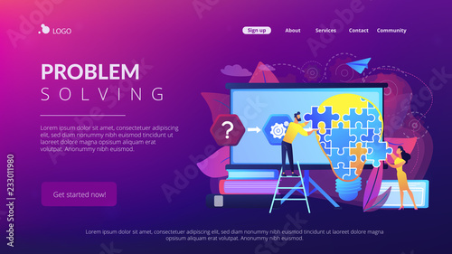 Team working on analyzing the factors or causes contributing to the unwanted situation. Problem solving, find solutions, problem-solving techniques. Website vibrant violet landing web page template.