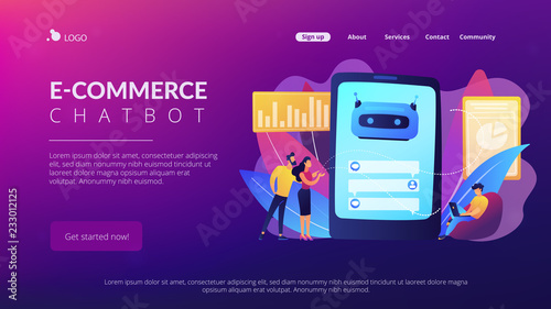 Customers chat with chatbot on smartphone screen with speech bubbles. Customer service chatbot, e-commerce chatbot, self-service experience concept. Website vibrant violet landing web page template.