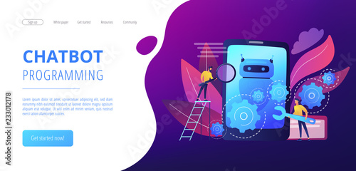 Developers with wrench work on chatbot application development. Chatbot app development, bot development framework, chatbot programming concept. Website vibrant violet landing web page template.