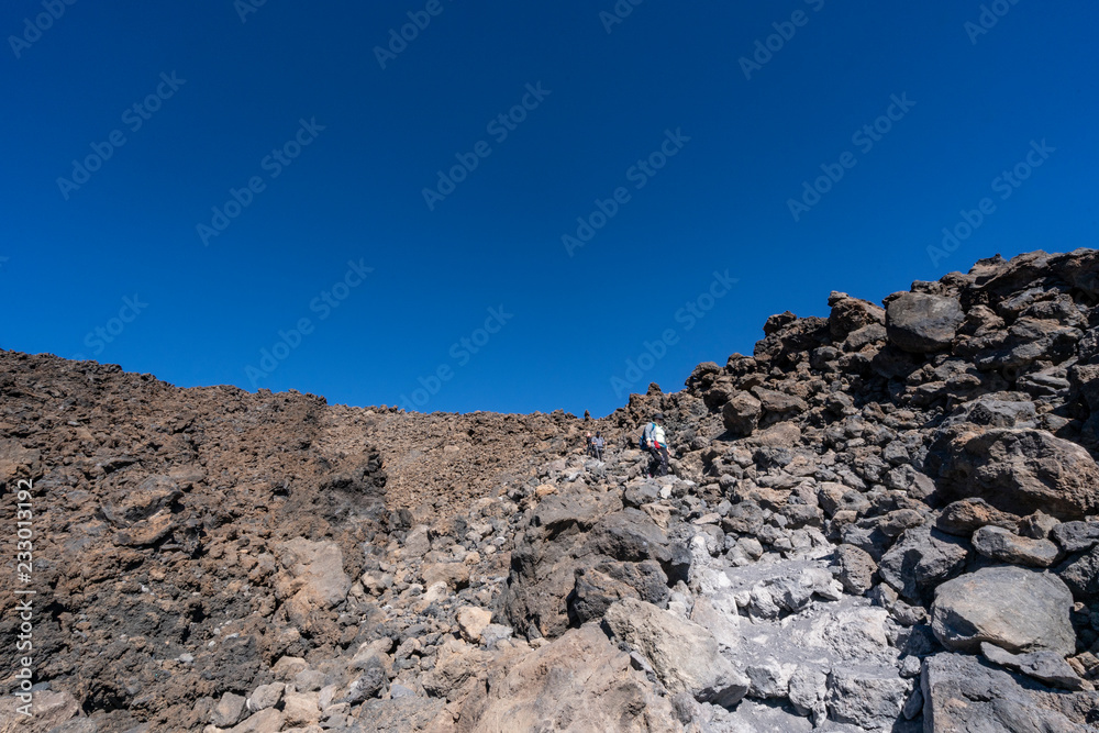 Views of Teide's crater and Montana Blanco descending from the summit passing Altavista Refuge, Teide National Park, Tenerife. Spain