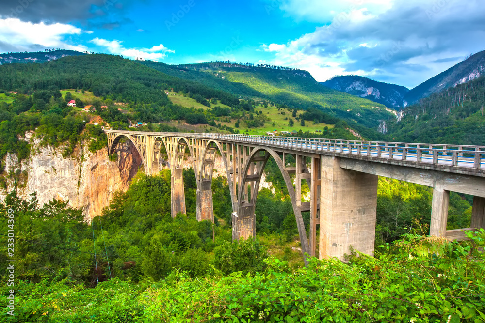 Beautiful stone bridge with huge arches between rocky mountains with lush green forest over the deep canyon of the river. Djurdjevica Tara Bridge, Durmitor National Park, Montenegro.