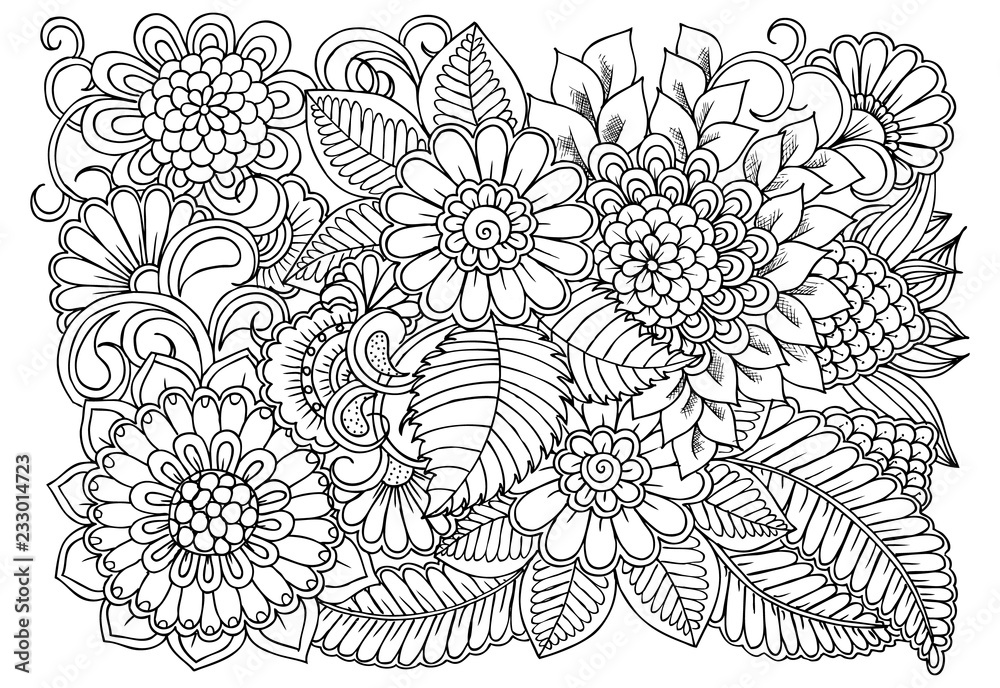 Flower pattern in black and white for adult coloring book. Can use for print , coloring and card design Flower pattern in black and white for adult coloring book. Can use for print , coloring and card design