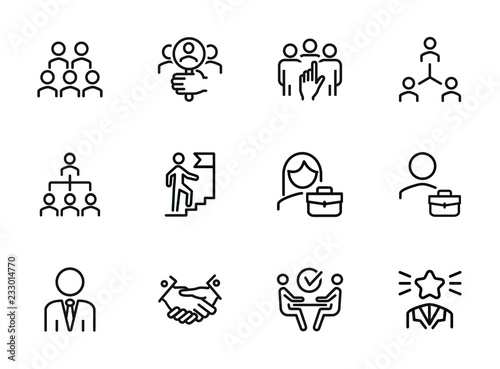 Career promotion line icon set. Candidate, selection, interview. Human resource concept. Can be used for topics like employment, corporate hierarchy, recruitment