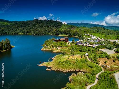 Panoramic Aerial View of Blue Lake Patenggang with an Islet in the Middle of the Lake, Ciwidey, Bandung, West Java, Indonesia, Asia photo