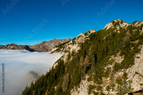 Bewaldeter Bergrücken ragt aus dem Nebelmeer in den österreichischen Alpen