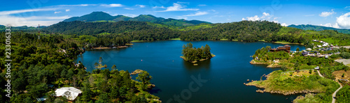 Panoramic Aerial View of Blue Lake Patenggang with an Islet in the Middle of the Lake, Ciwidey, Bandung, West Java, Indonesia, Asia © AkhmadDody