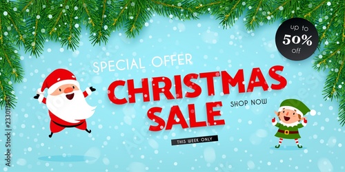 Christmas sale, banner with Santa Claus, elf, snow, christmas tree, Vector llustration
