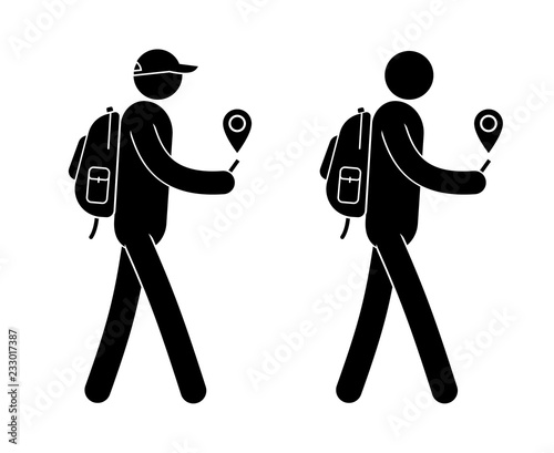 Pictogram man with small backpack is guided along the GPS