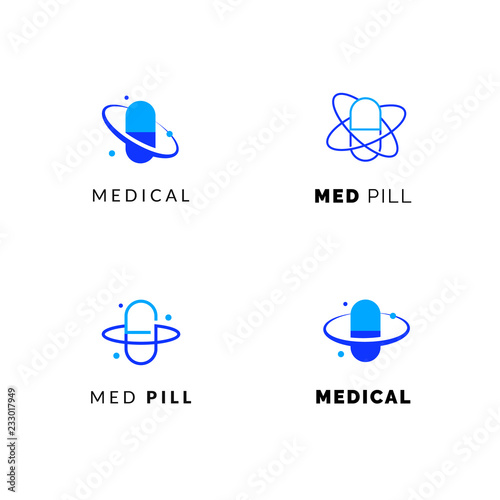 Flat line medicine icons blue and green  emblem logos, web online concept.Logo of pills, medical cross, pharmaceutical icons