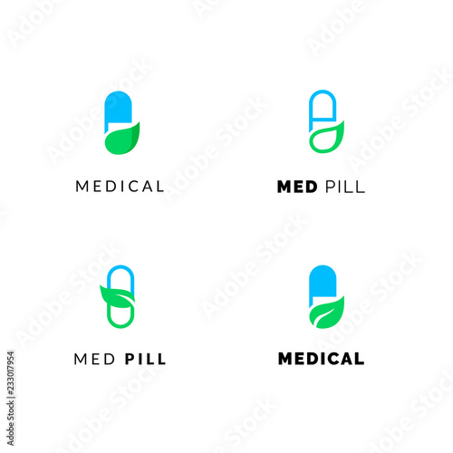 Flat line medicine icons blue and green  emblem logos, web online concept.Logo of pills, medical cross, pharmaceutical icons