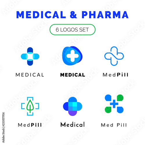 Flat line medicine icons blue and green  emblem logos set, web online concept.Logo of pills, medical cross, pharmaceutical icons