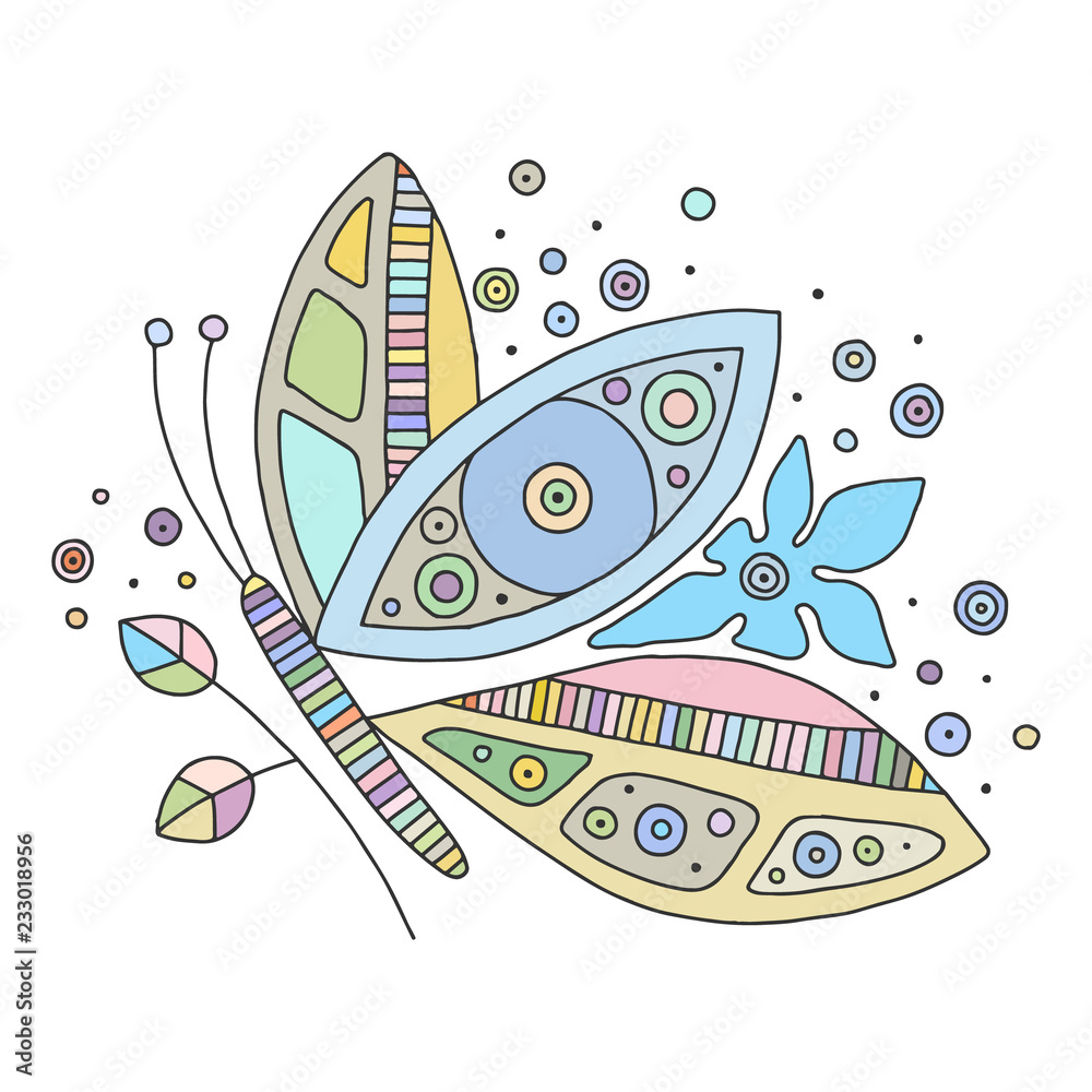 Vector hand drawn colorful illustration of isolated butterfly with decorative elements, branch, leaves, flowers, dots.  Line drawing.