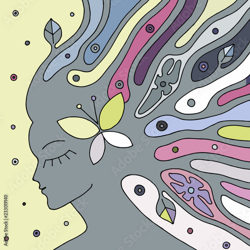 Vector  hand drawn illustration of psychedelic woman face with abstract tree, flowers, leaves, dots, butterfly, background Decorative artistic creative picture, line drawing. Coloring