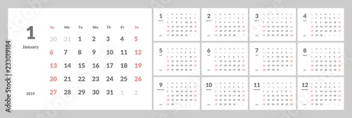 Vector of 2019 new year calendar in clean minimal table simple style. Eps 10