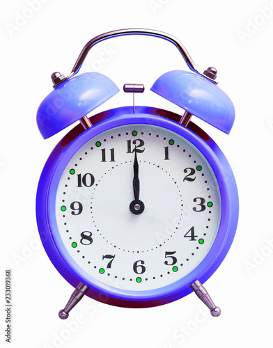 Blue clock on white isolated background, which shows 12 hours. The New Year has come_