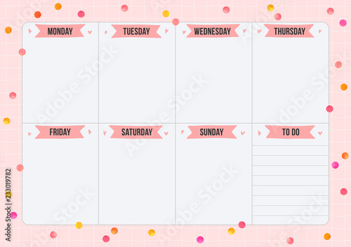 Weekly planner with watercolor dots in minimalism style. Layout sheet with place for notes. Vector template page for print, office, school.
