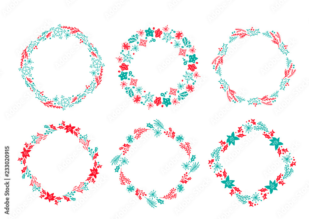 Set of vector Christmas Scandinavian Hand Drawn wreath red and blue Floral Winter Design Elements isolated on white background for retro design flourish. calligraphy and lettering illustration Set of vector Christmas Scandinavian Hand Drawn wreath red and blue Floral Winter Design Elements isolated on white background for retro design flourish. calligraphy and lettering illustration